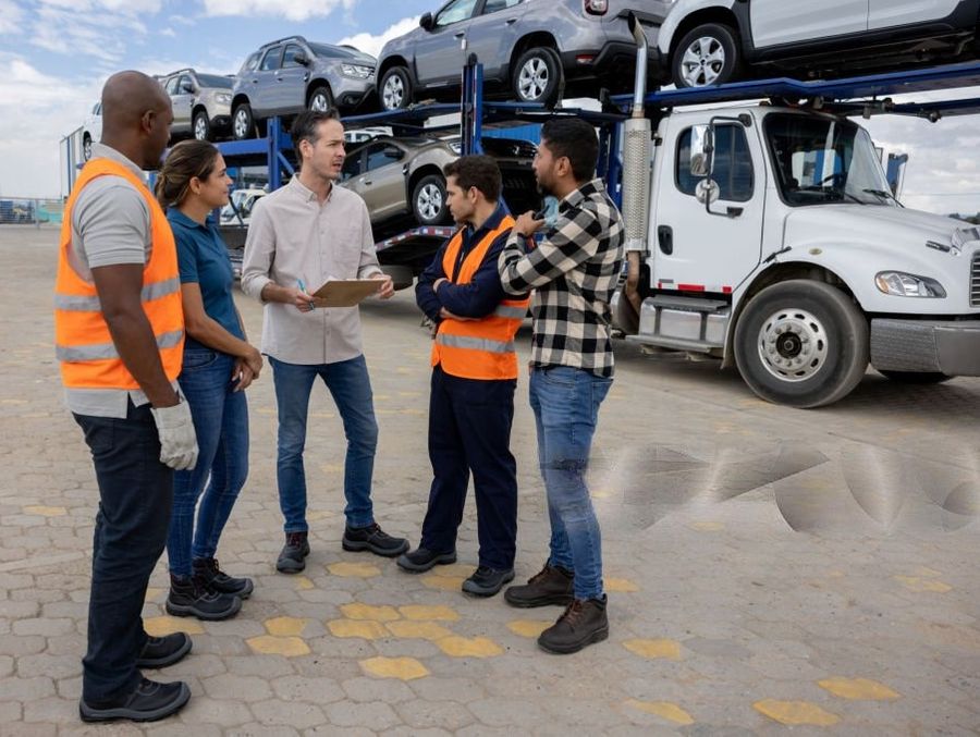 Transport staff coordinating a vehicle shipment
