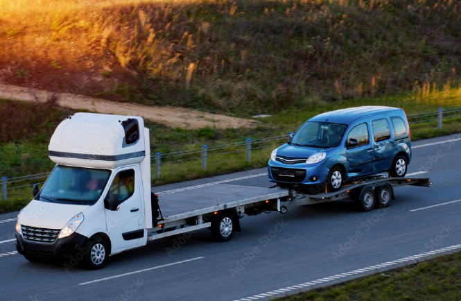 Car hauler loaded with a purchased Copart vehicle driving on the road
